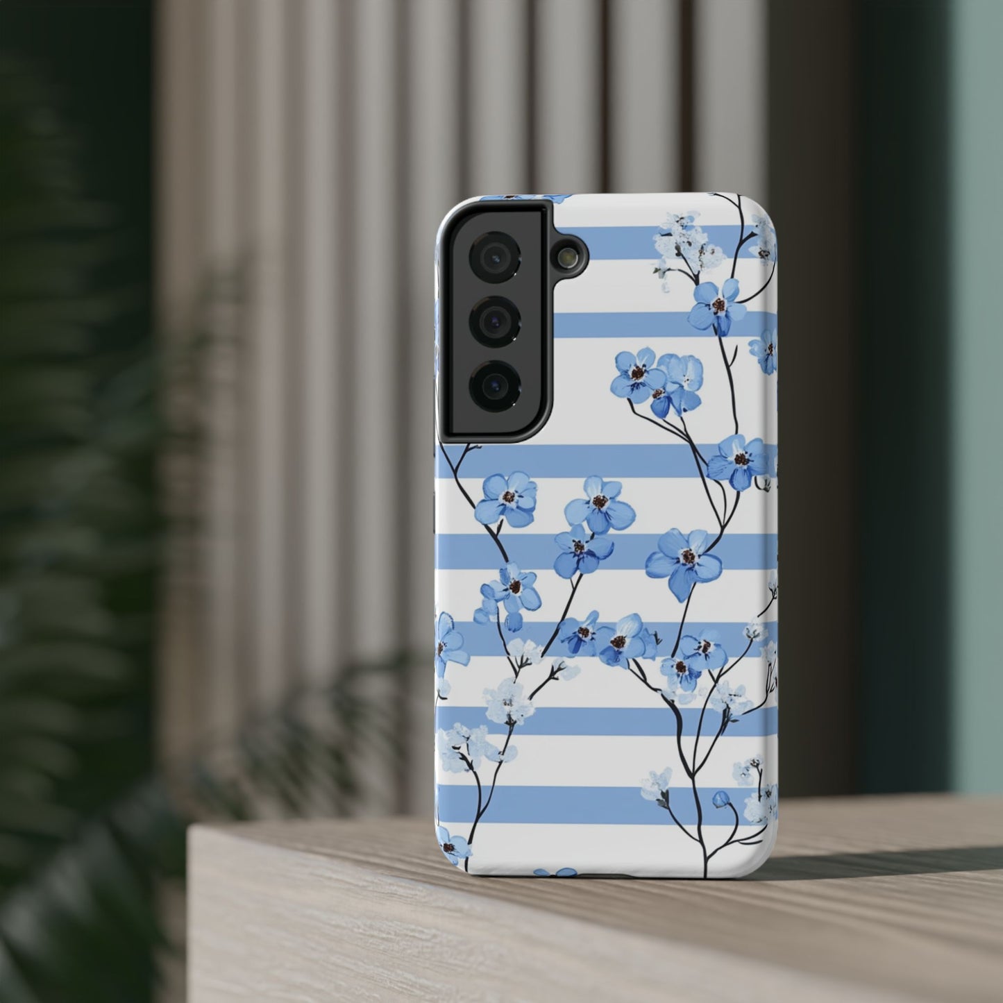 Blue stripe Floral Impact-Resistant Phone Case