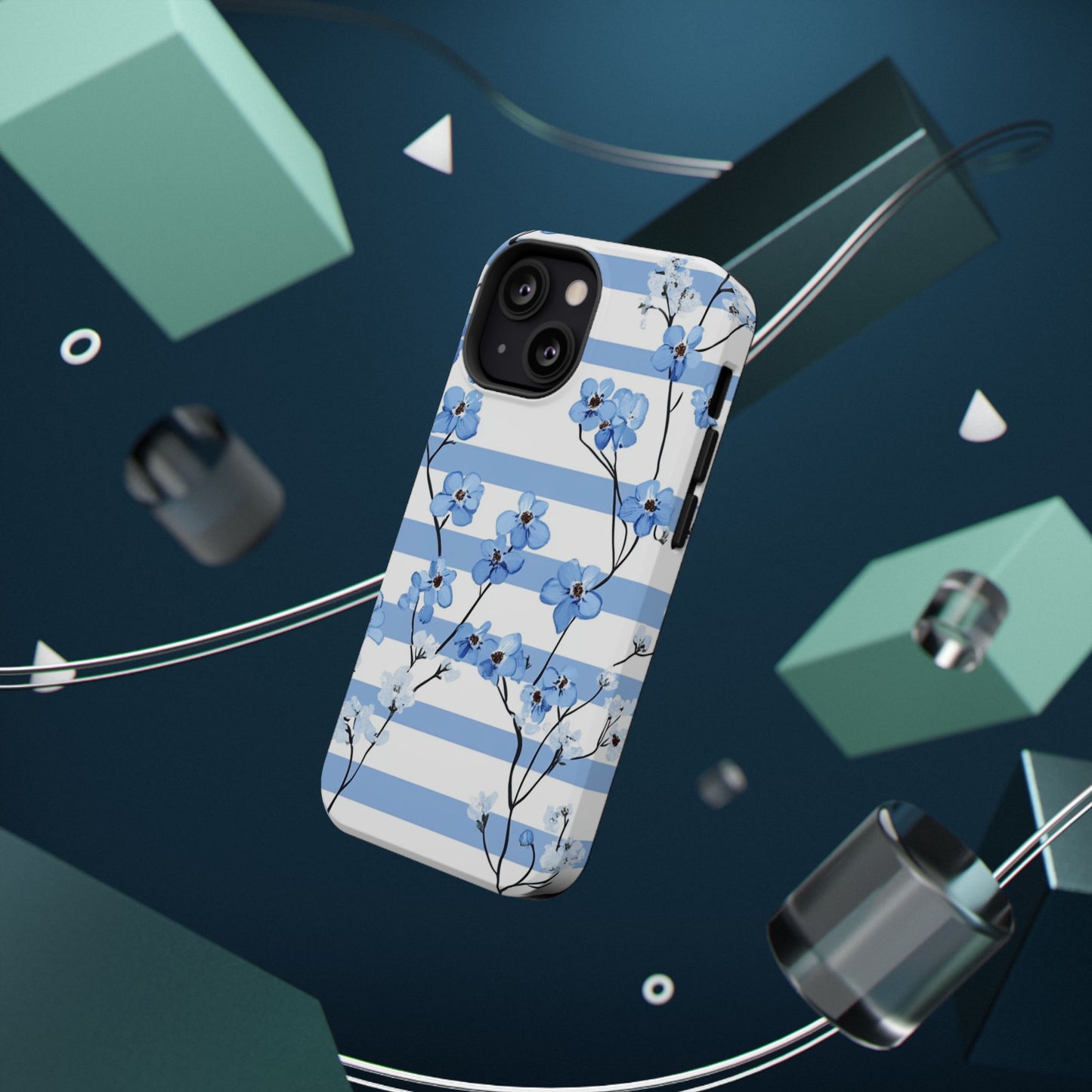 Blue stripe Floral Impact-Resistant Phone Case