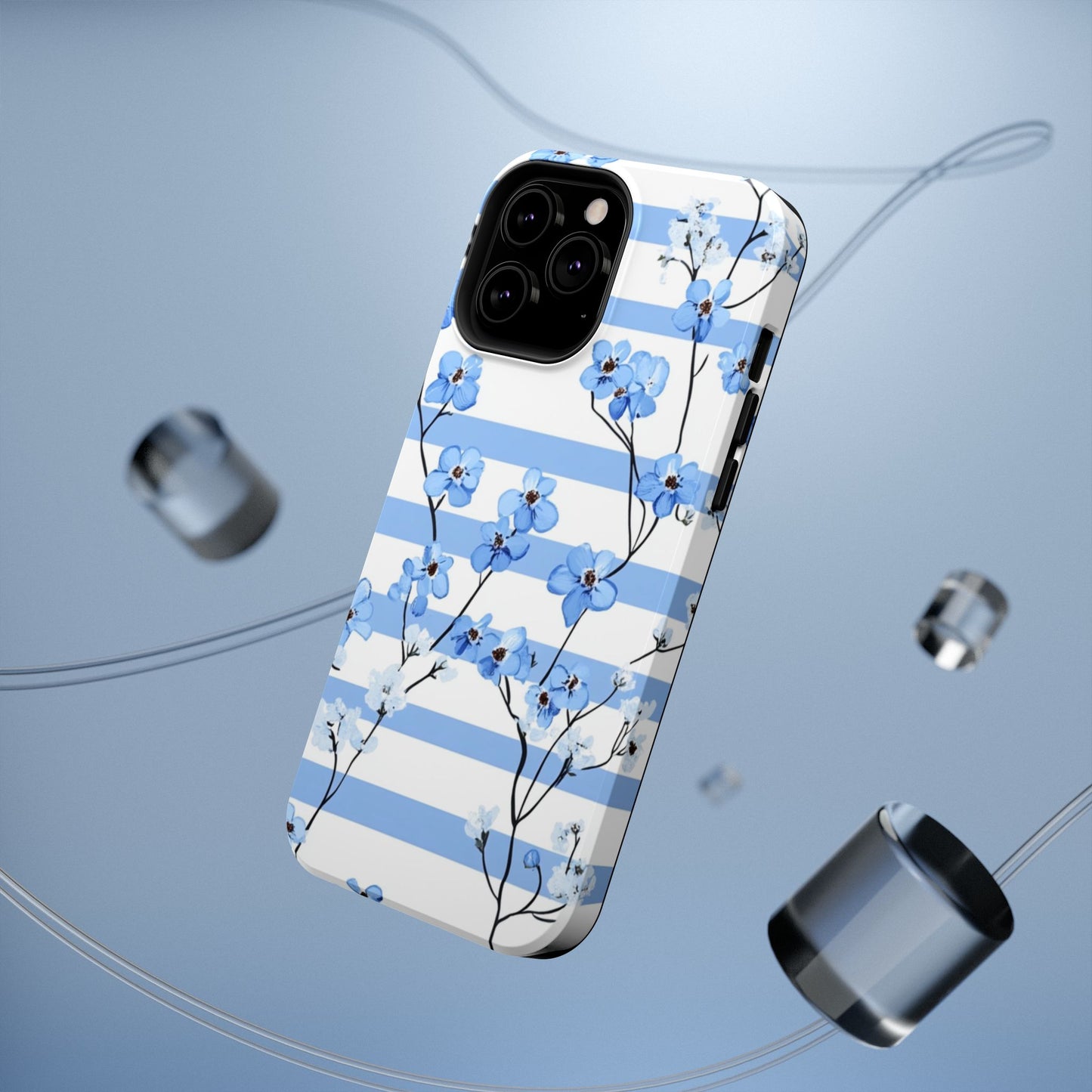 Blue stripe Floral Impact-Resistant Phone Case