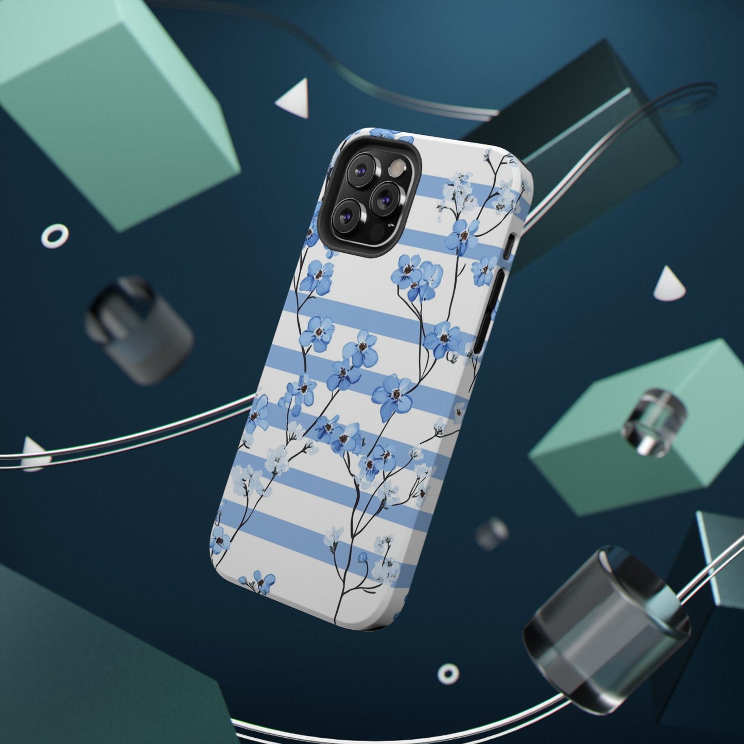 Blue stripe Floral Impact-Resistant Phone Case