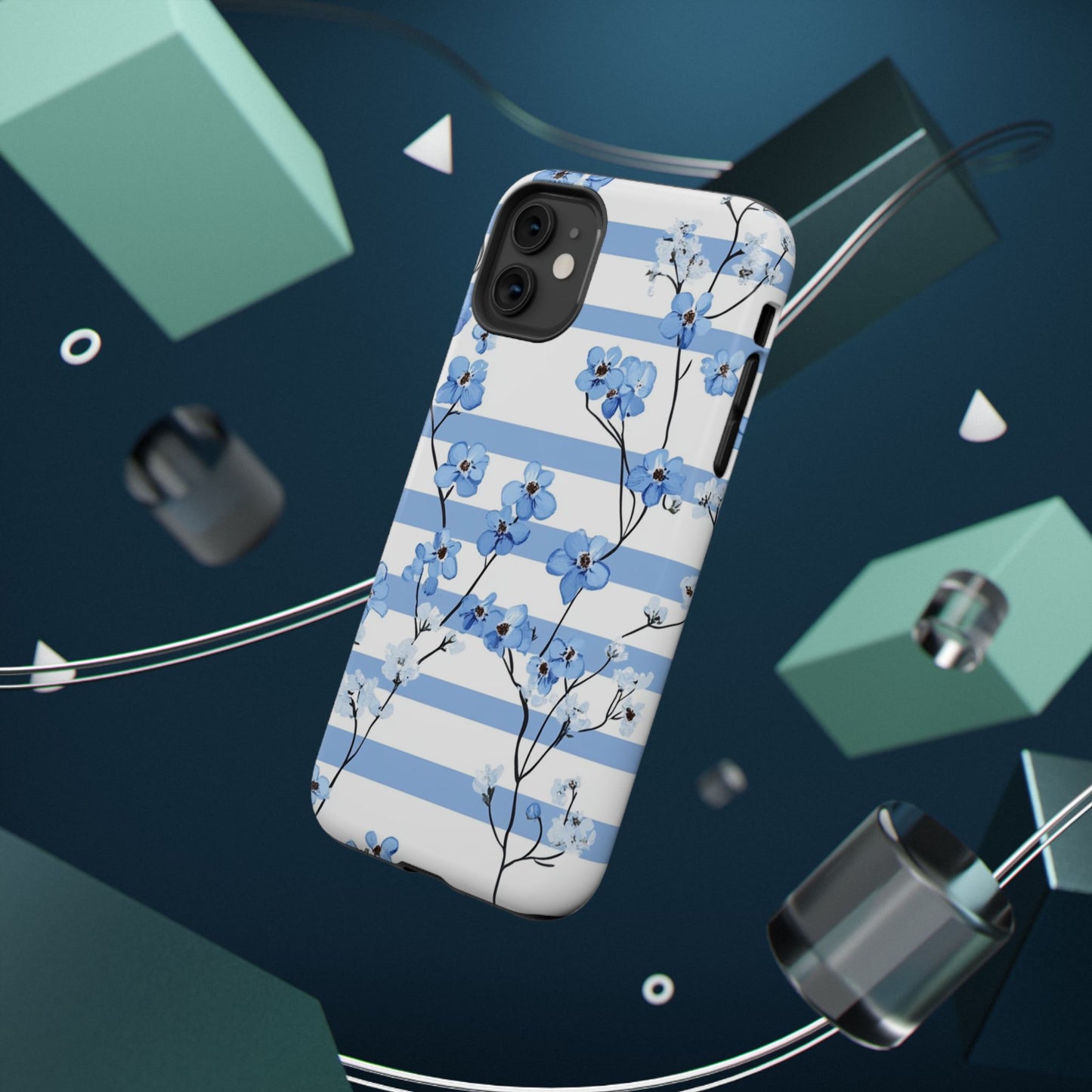 Blue stripe Floral Impact-Resistant Phone Case