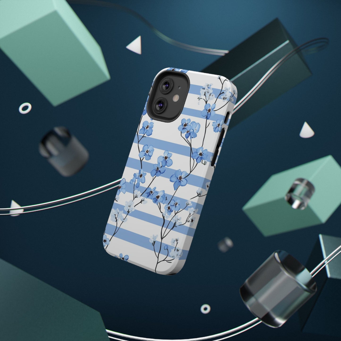 Blue stripe Floral Impact-Resistant Phone Case