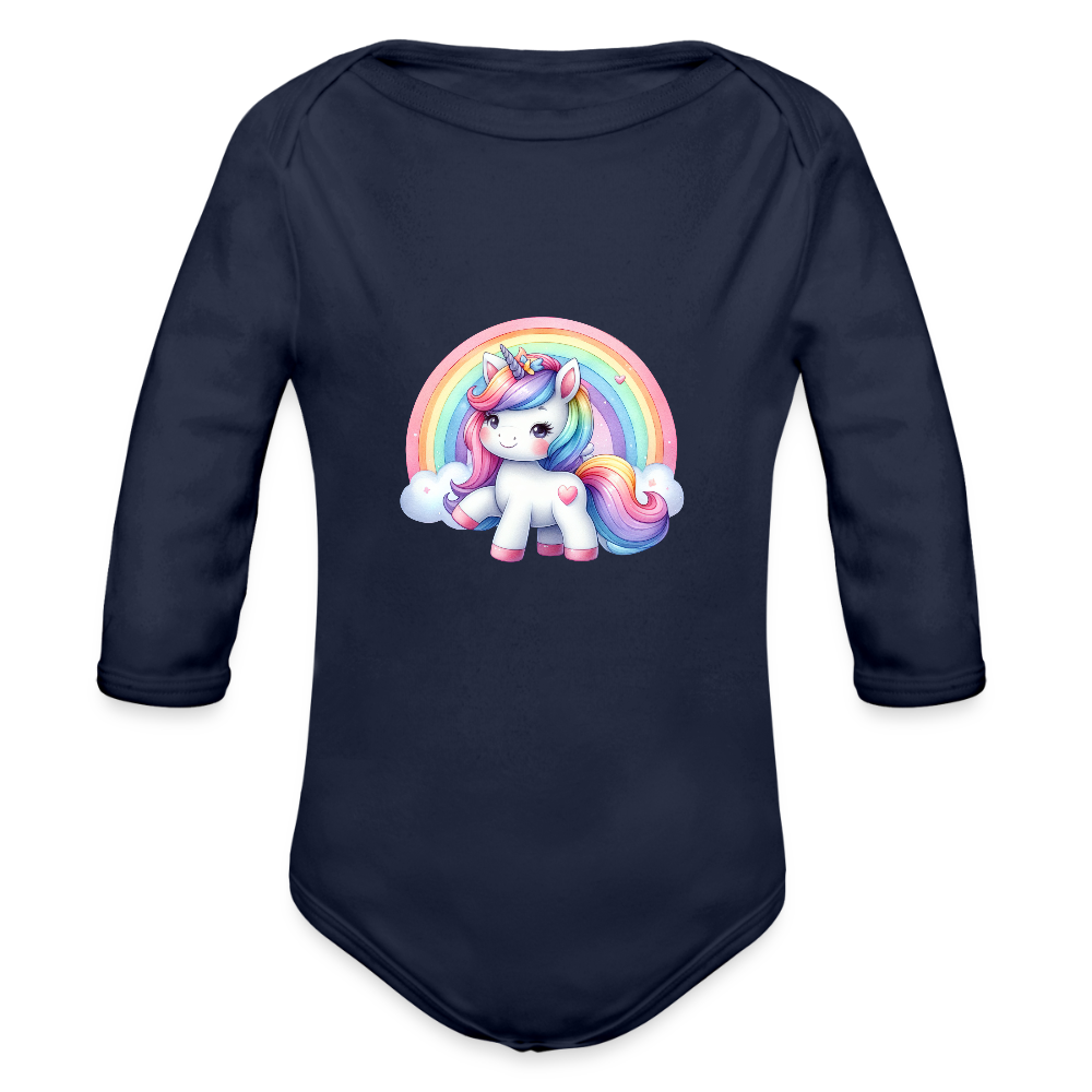 Rainbow unicorn - Organic Long Sleeve Baby Bodysuit - dark navy