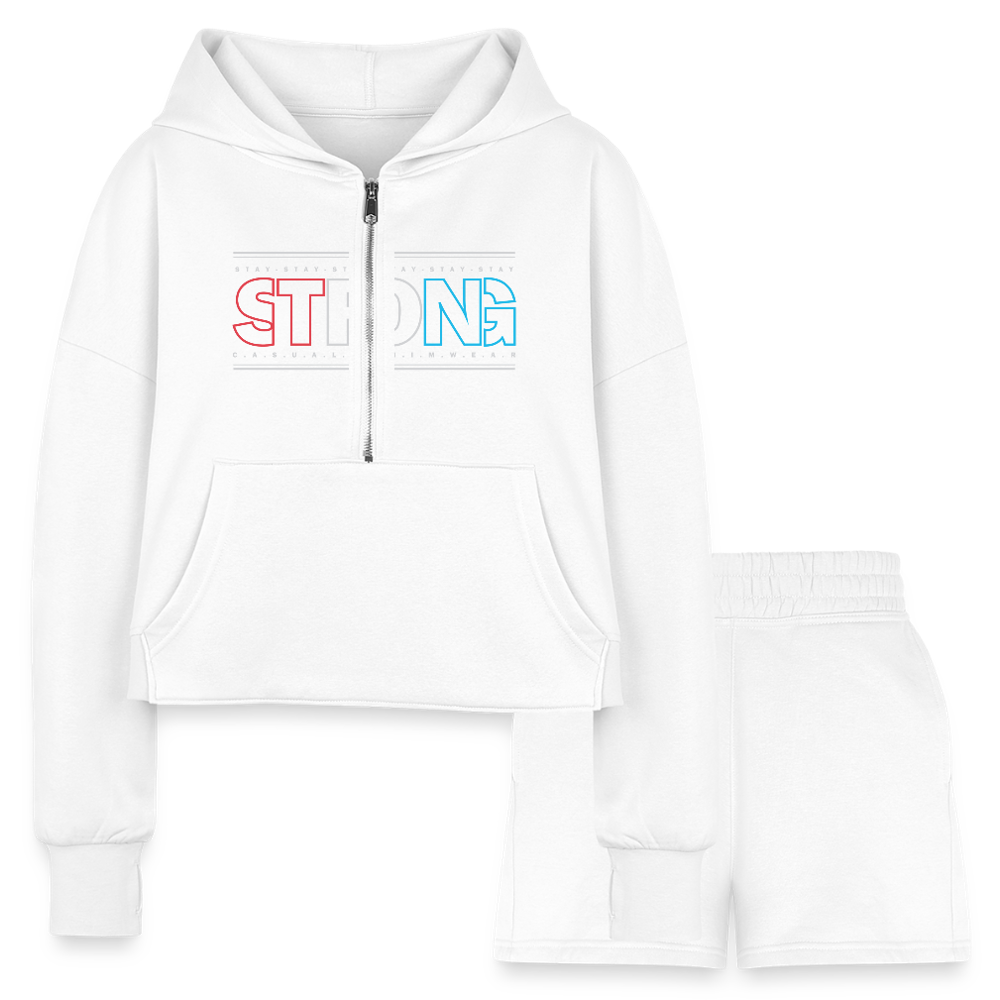 Stay Strong - Cropped Hoodie & Jogger Short Set - white