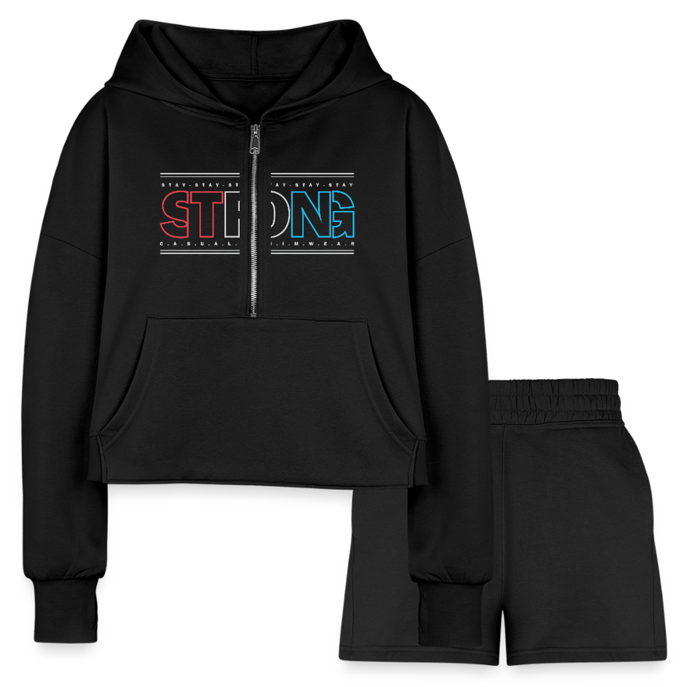 Stay Strong - Cropped Hoodie & Jogger Short Set - black