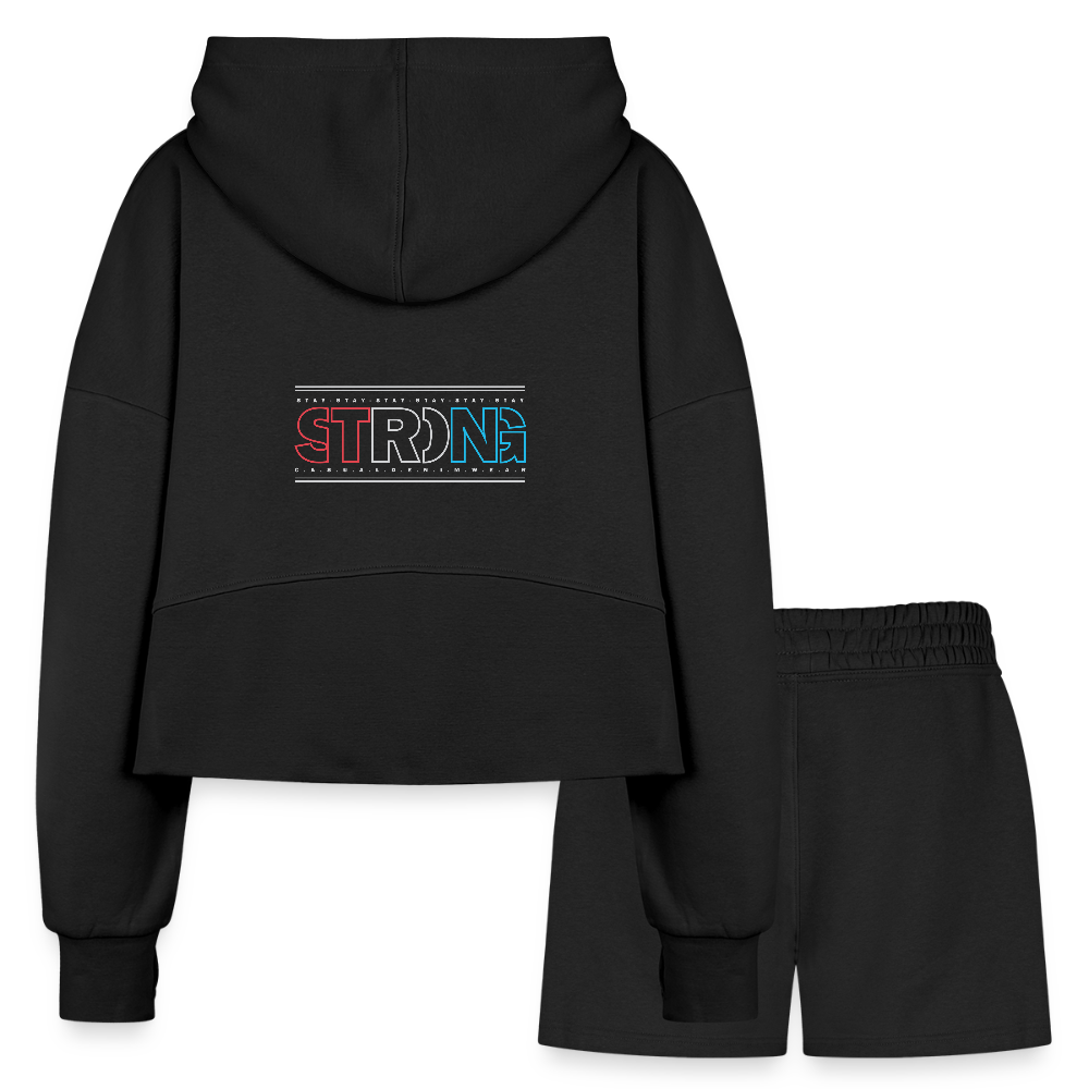 Stay Strong - Cropped Hoodie & Jogger Short Set - black
