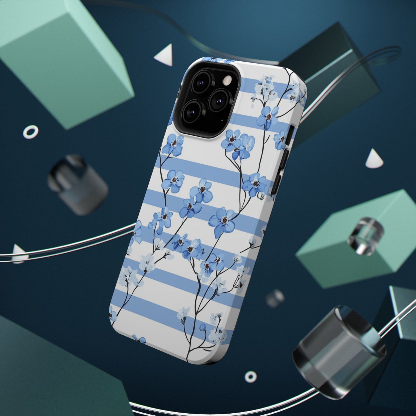 Blue stripe Floral Impact-Resistant Phone Case