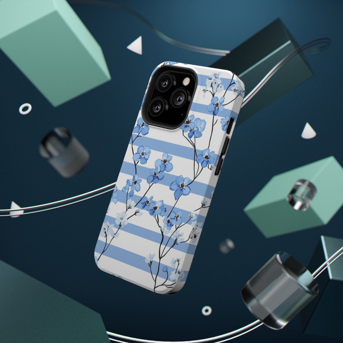 Blue stripe Floral Impact-Resistant Phone Case