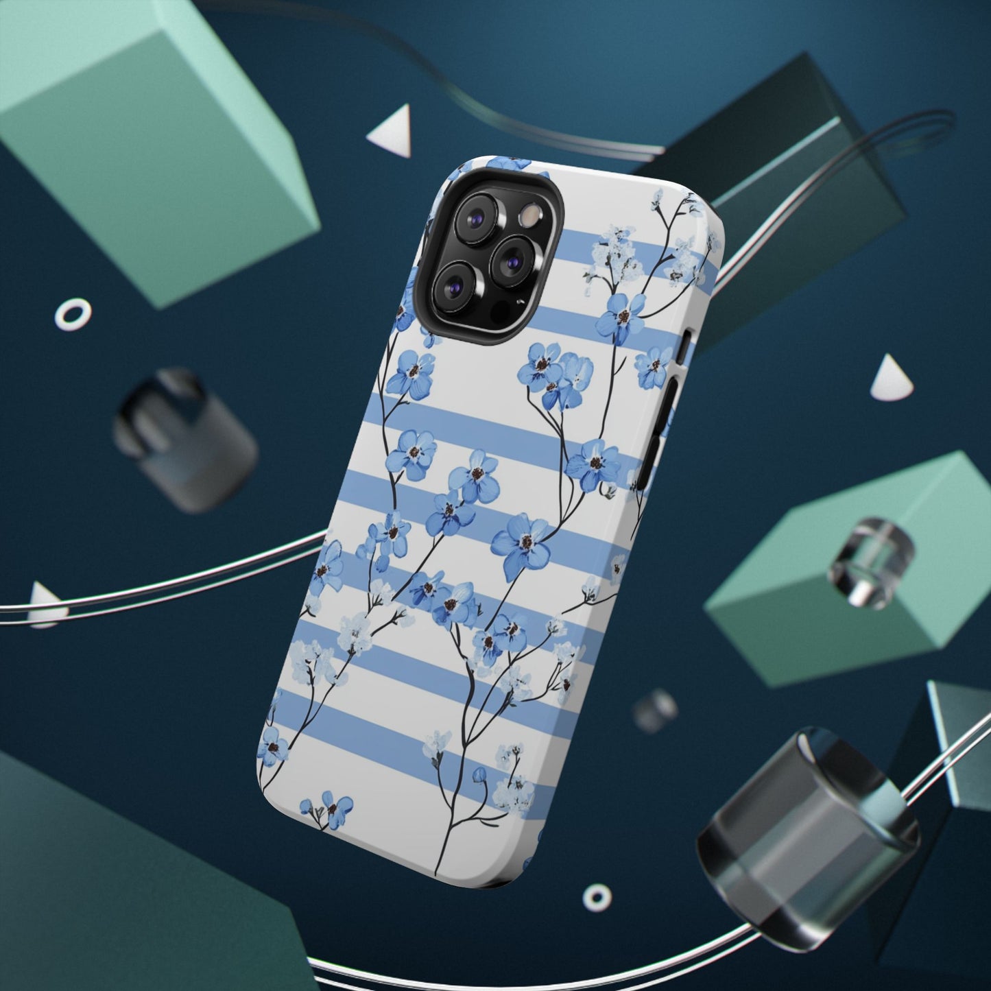 Blue stripe Floral Impact-Resistant Phone Case