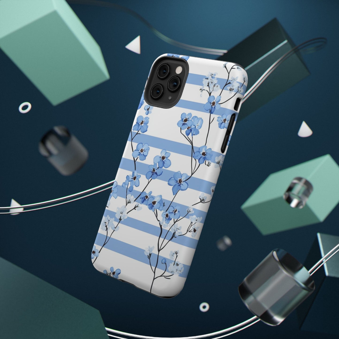 Blue stripe Floral Impact-Resistant Phone Case