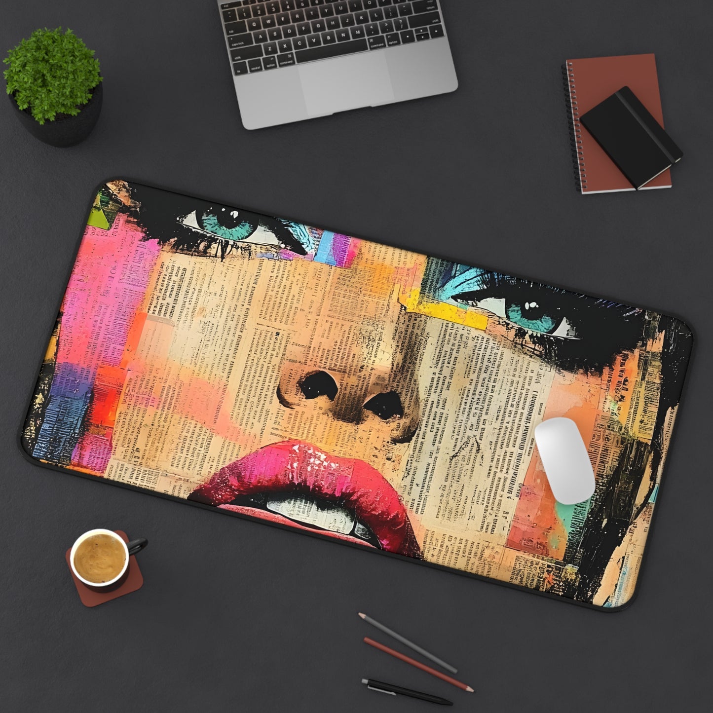 Colorful Pop Art Face Desk Mat — Vibrant Magazine Collage Mouse Pad 8