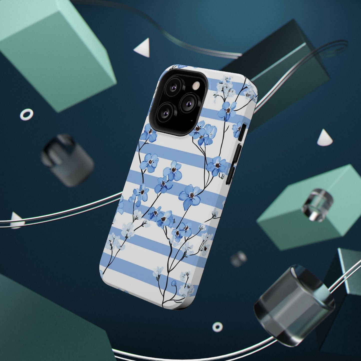 Blue stripe Floral Impact-Resistant Phone Case