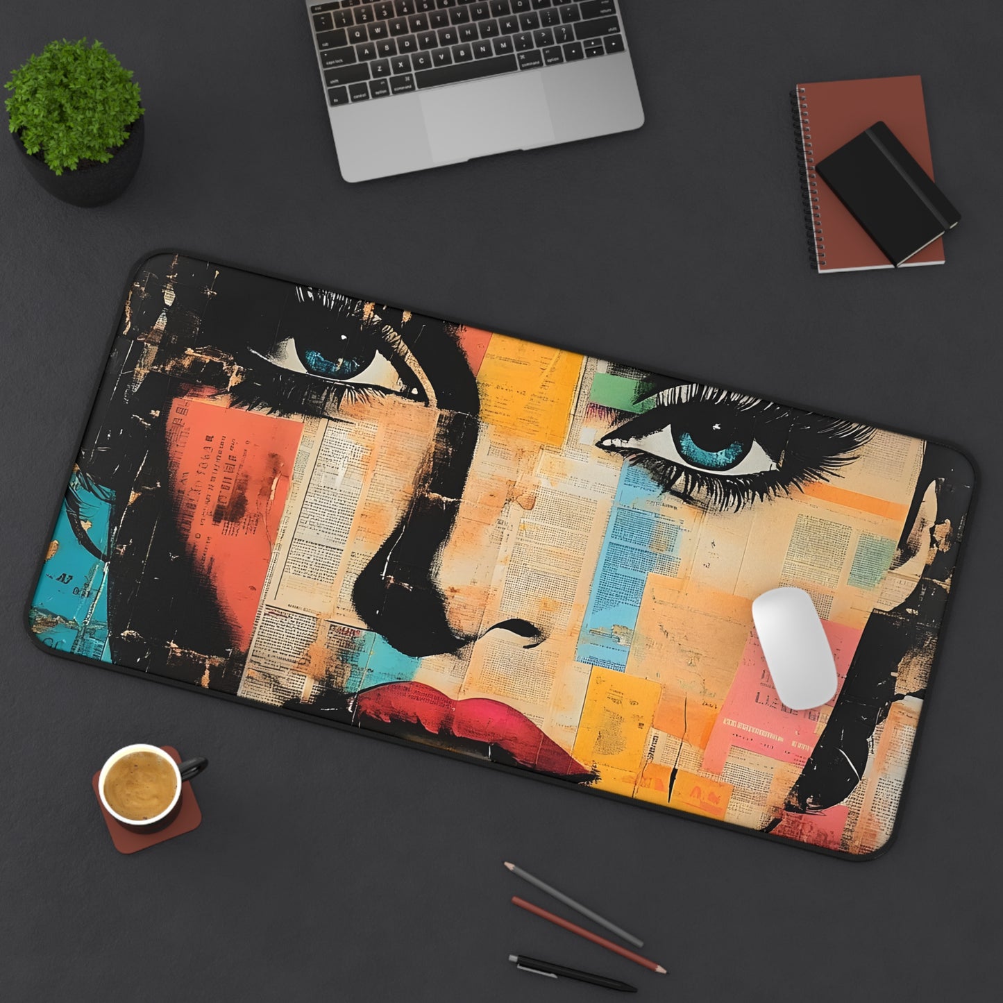 Retro Pop Art Face Desk Mat — Colorful Collage Mouse Pad 9