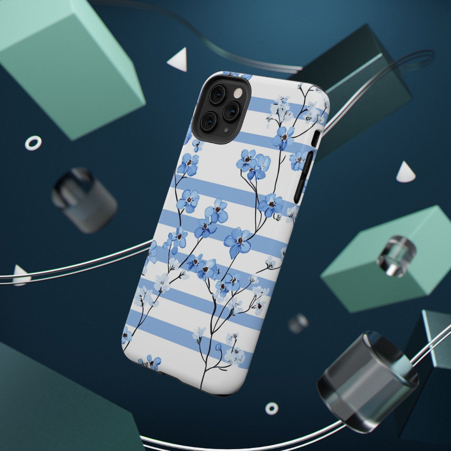 Blue stripe Floral Impact-Resistant Phone Case