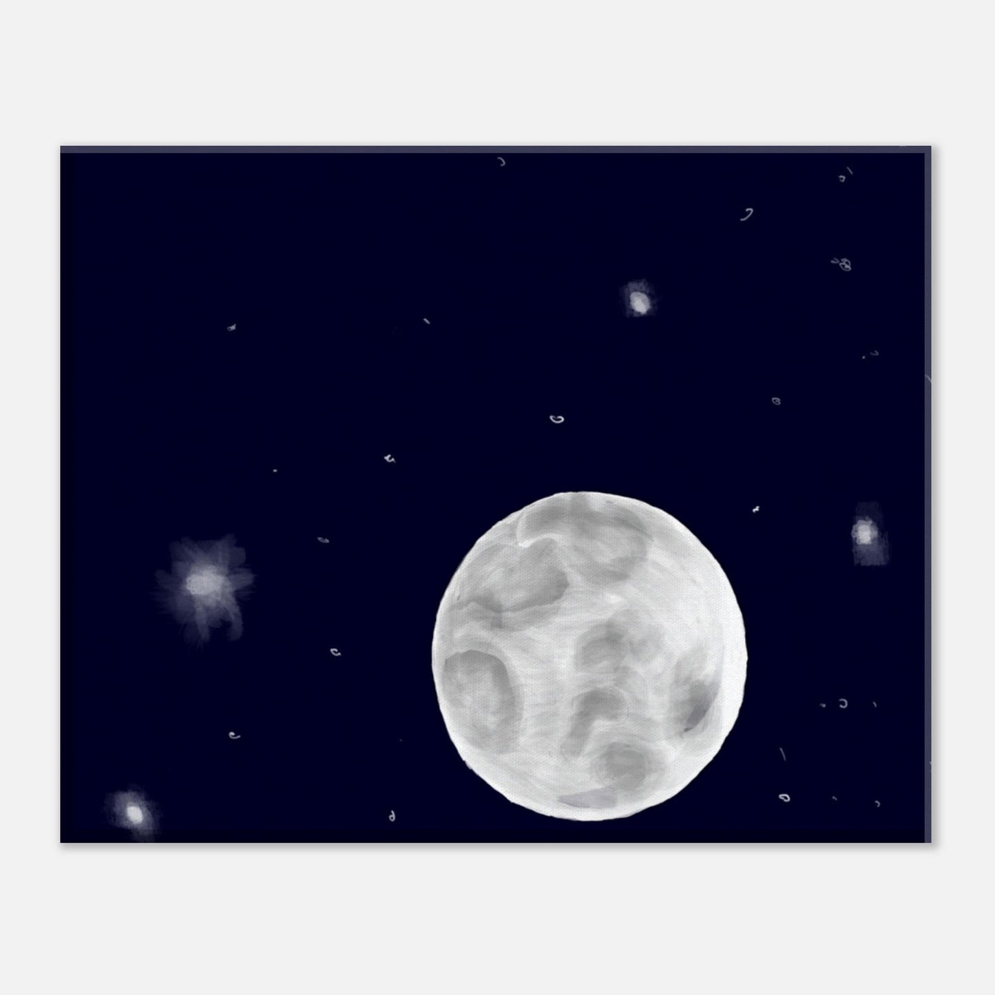 A canvas print of a night sky with a bright full moon and stars.