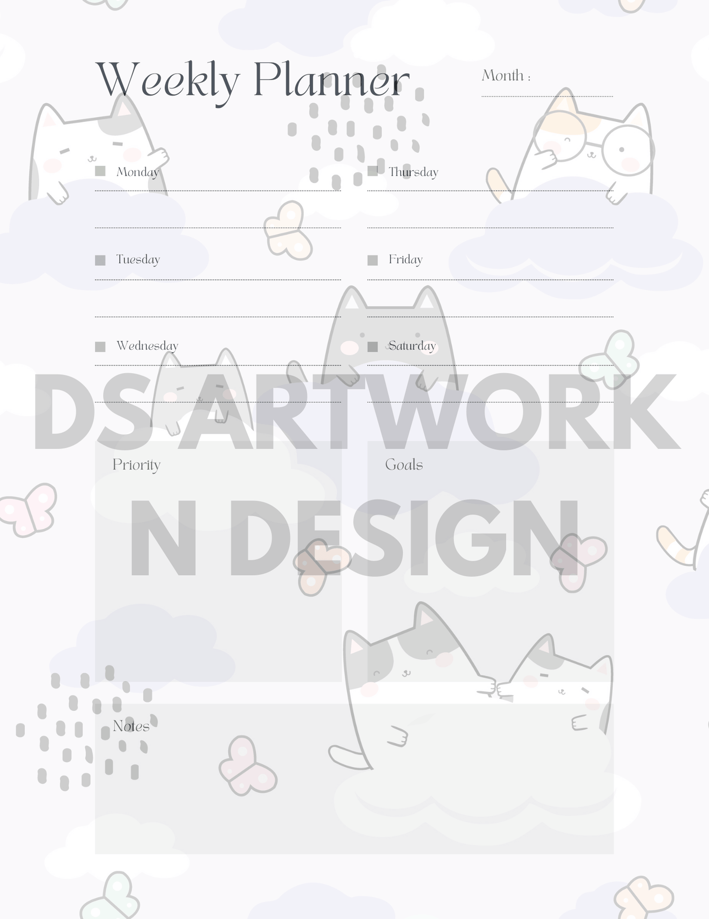 Cute Cat and Polka Dot weekly Planner - digital download - DS Artwork N Design