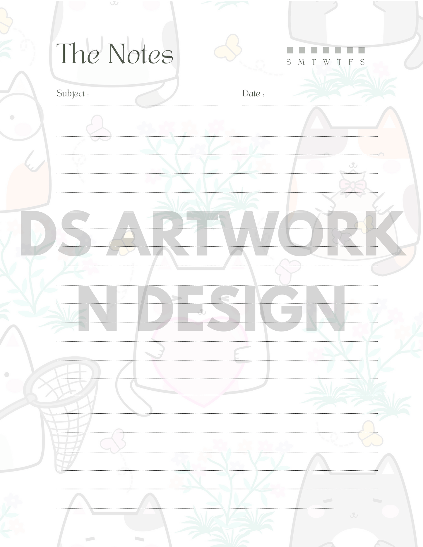 Cute Cat and Polka Dot weekly Planner - digital download - DS Artwork N Design