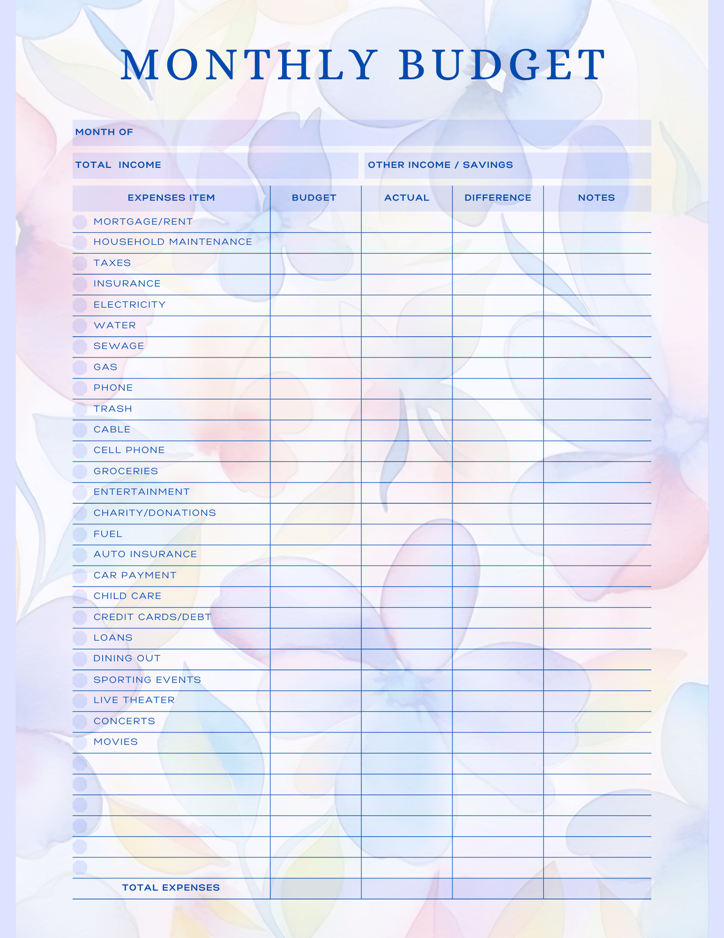 Free Multiple Monthly Budget Planner - Digital - DS Artwork N Design