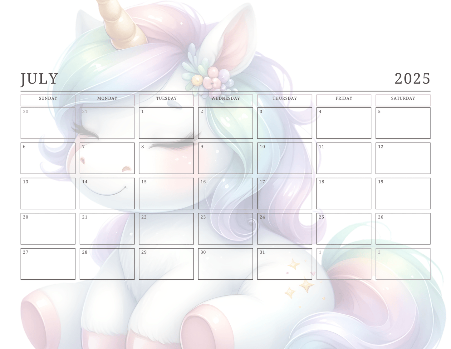 Unicorn 2025 Monthly Calendar - Digital Download - DS Artwork N Design
