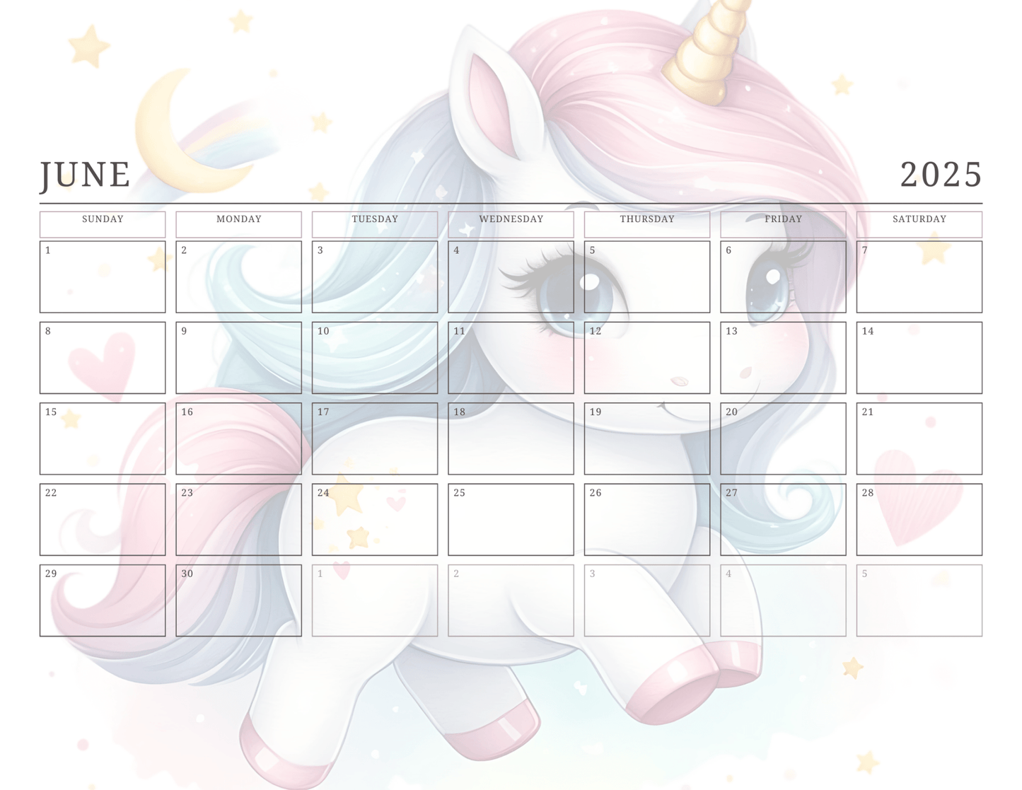 Unicorn 2025 Monthly Calendar - Digital Download - DS Artwork N Design