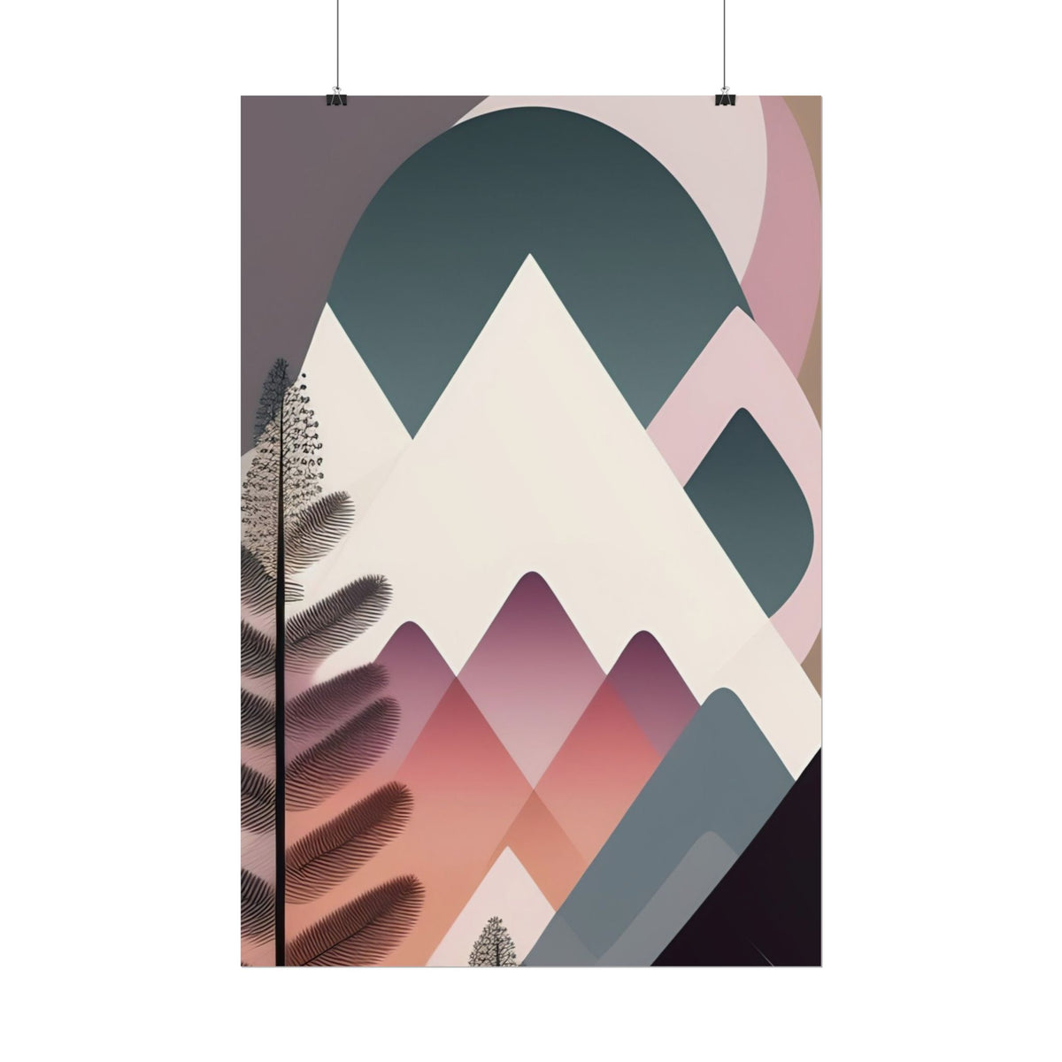 Abstract Mountain Art Print Poster — Pink & Teal Geometric Landscape Rolled Poster
