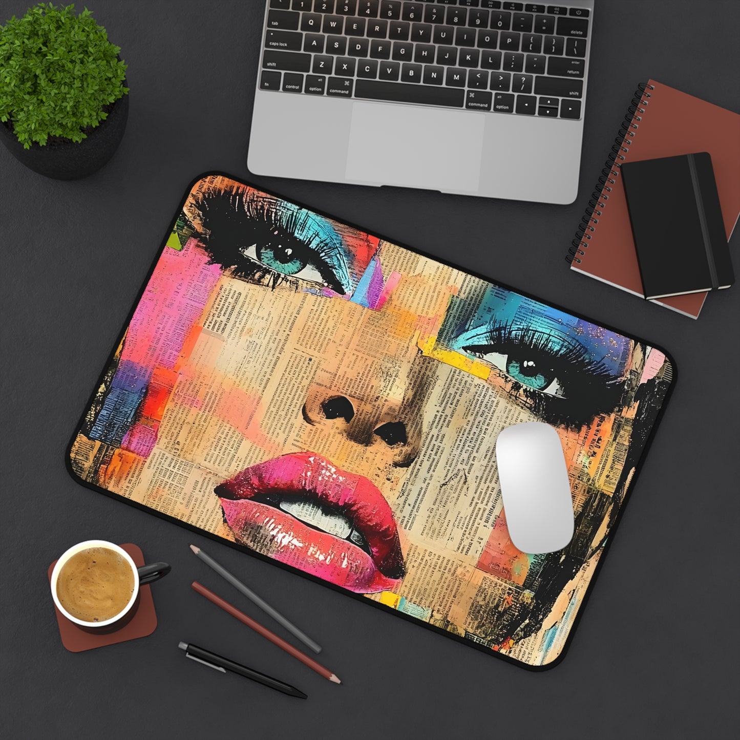 Colorful Pop Art Face Desk Mat — Vibrant Magazine Collage Mouse Pad 8