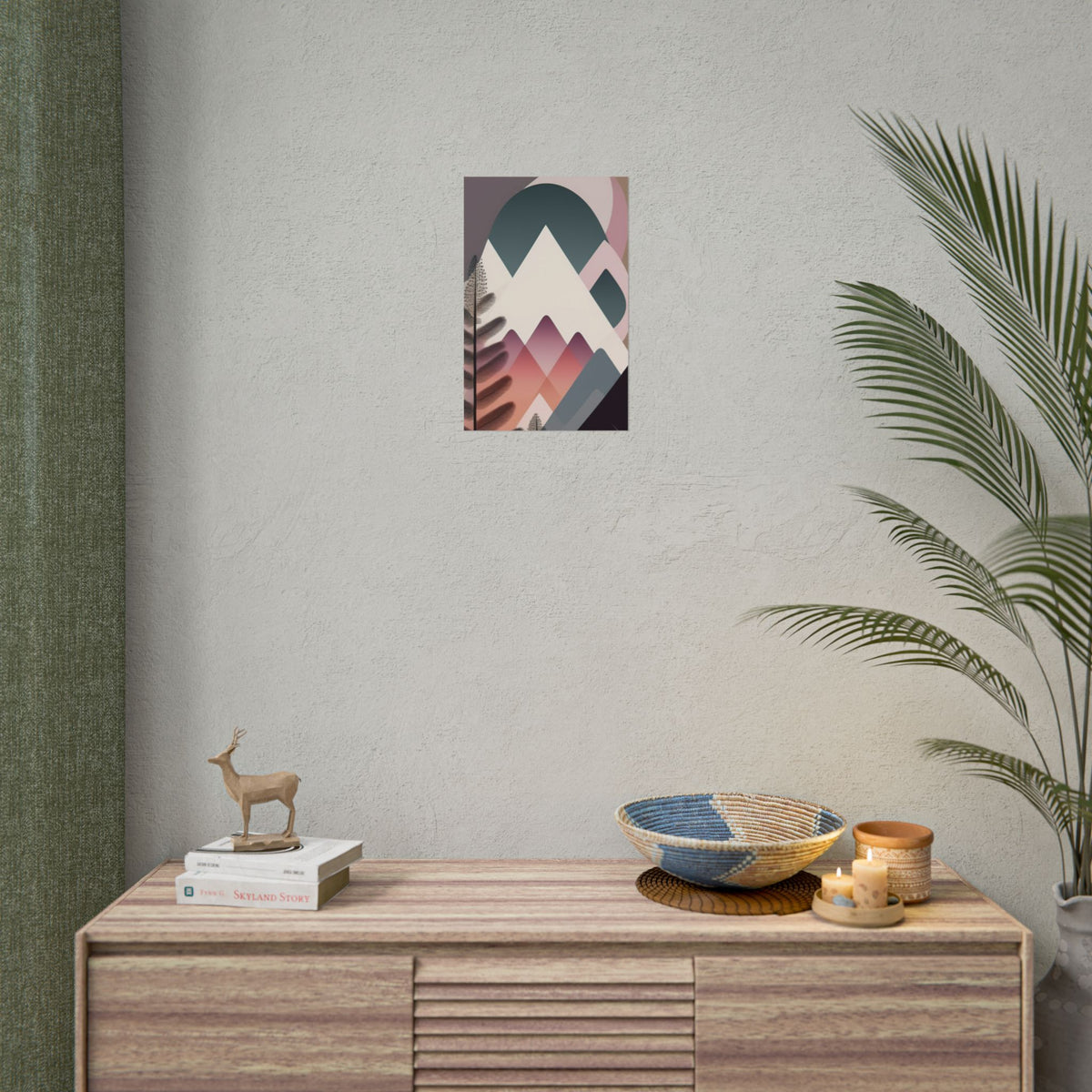 Abstract Mountain Art Print Poster — Pink & Teal Geometric Landscape Rolled Poster