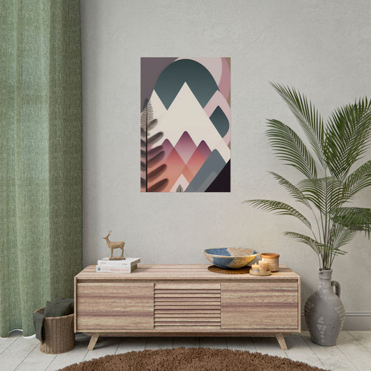 Abstract Mountain Art Print Poster — Pink & Teal Geometric Landscape Rolled Poster