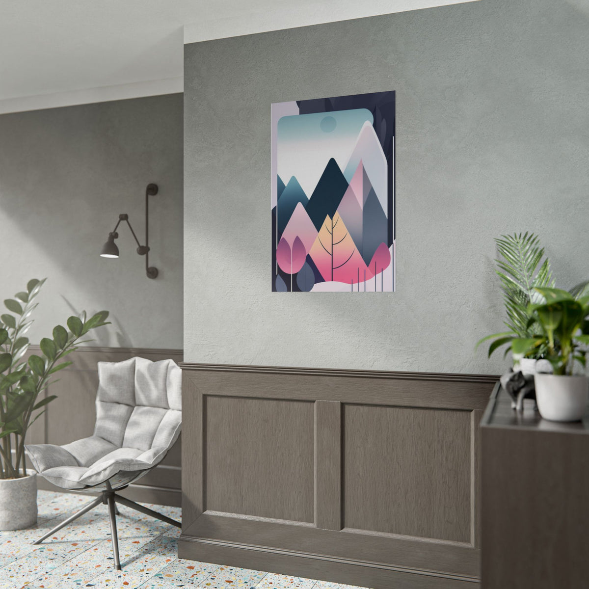 Mountain Sunrise Rolled Poster — Pink Pastel Abstract Landscape Wall Art