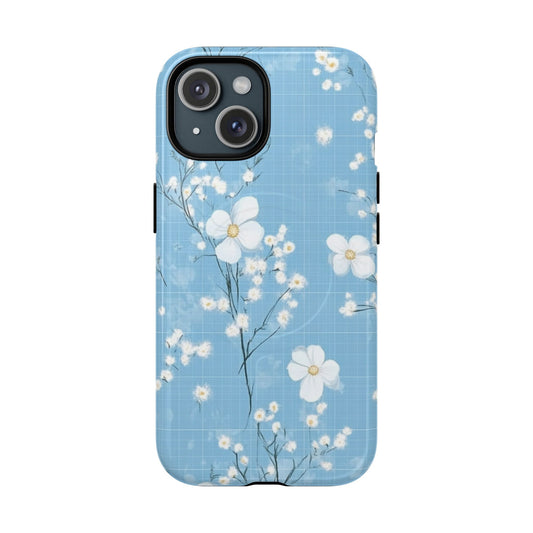 Powder Blue Floral Impact-Resistant Phone Case— Tough Magnetic iPhone Cover
