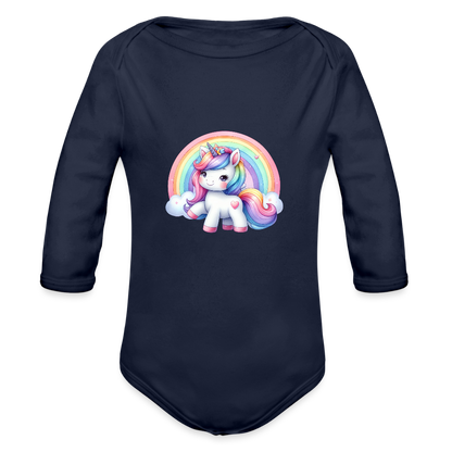 Rainbow unicorn - Organic Long Sleeve Baby Bodysuit - dark navy