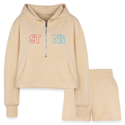 Stay Strong - Cropped Hoodie & Jogger Short Set - nude