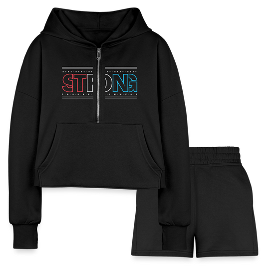 Stay Strong - Cropped Hoodie & Jogger Short Set - black