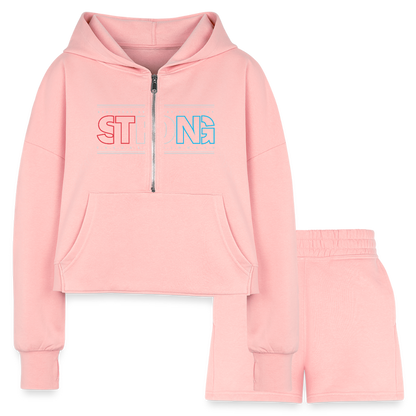 Stay Strong - Cropped Hoodie & Jogger Short Set - light pink
