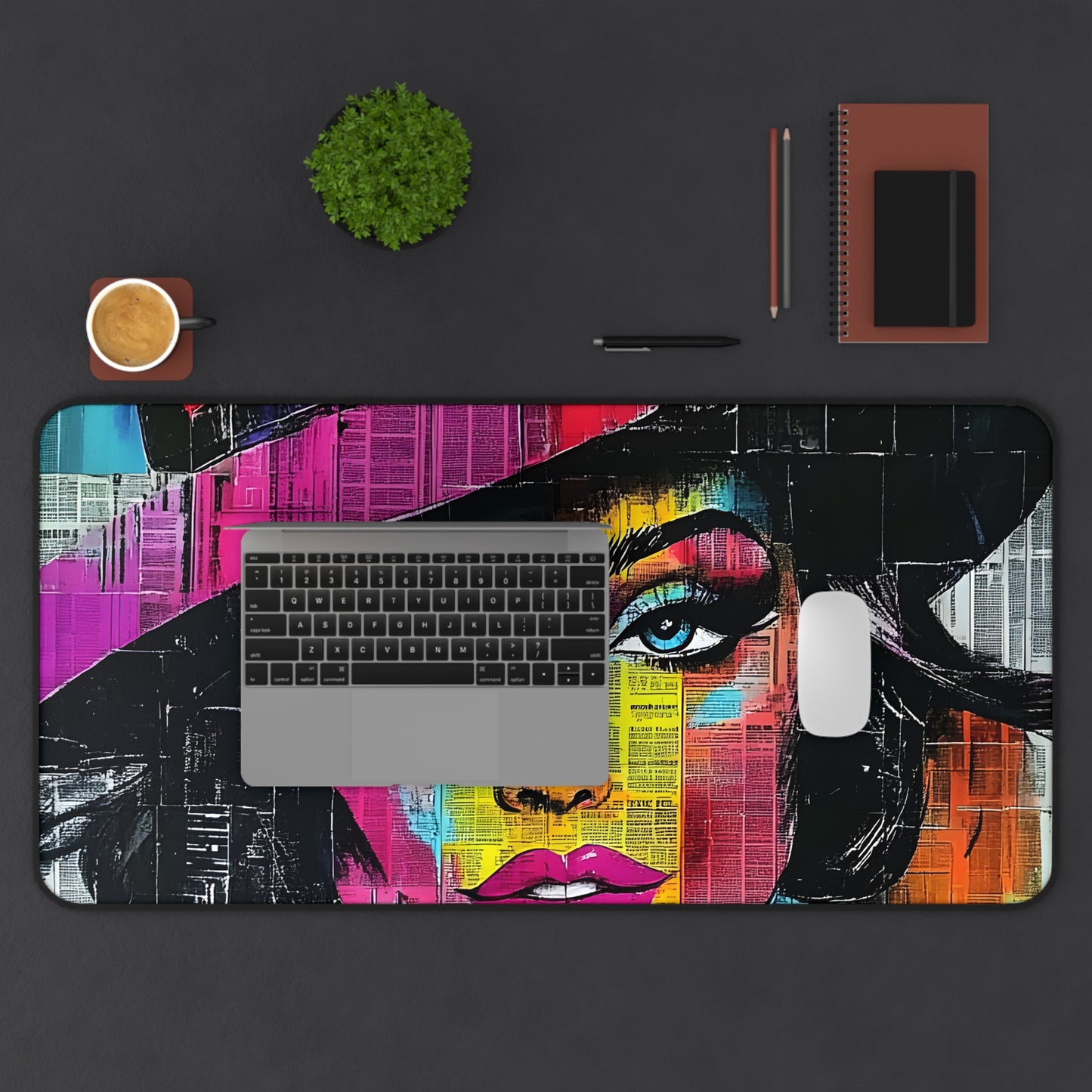 Colorful Pop Art Woman Desk Mat — Vibrant Femme Face Mousepad 10