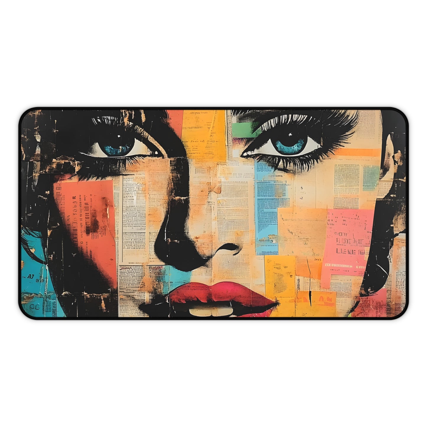 Retro Pop Art Face Desk Mat — Colorful Collage Mouse Pad 9