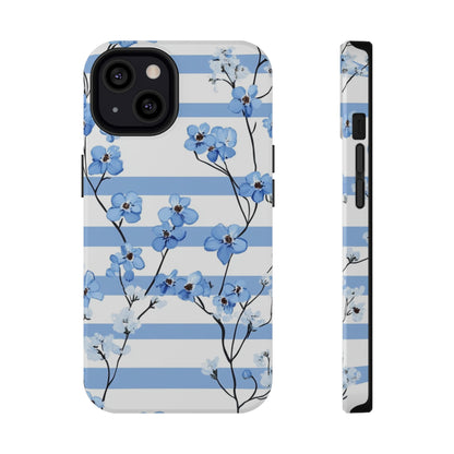 A phone case with a floral pattern of blue flowers on a background with blue stripes.