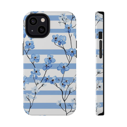 A phone case with a floral pattern of blue flowers on a background with blue stripes.