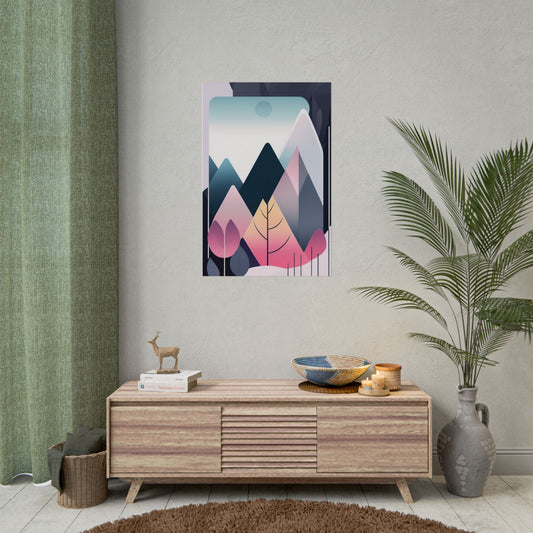 Mountain Sunrise Rolled Poster — Pink Pastel Abstract Landscape Wall Art