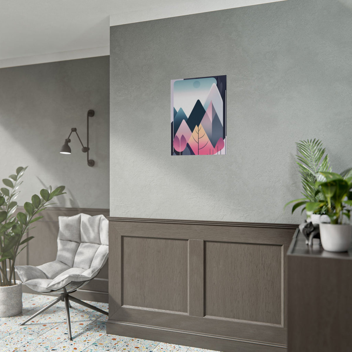 Mountain Sunrise Rolled Poster — Pink Pastel Abstract Landscape Wall Art