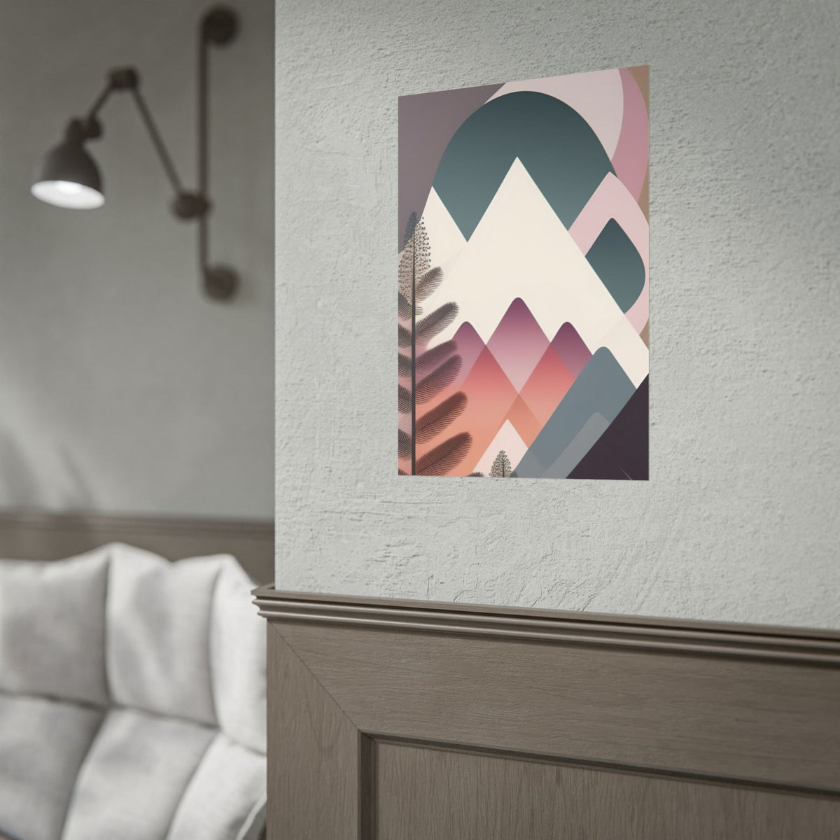 Abstract Mountain Art Print Poster — Pink & Teal Geometric Landscape Rolled Poster