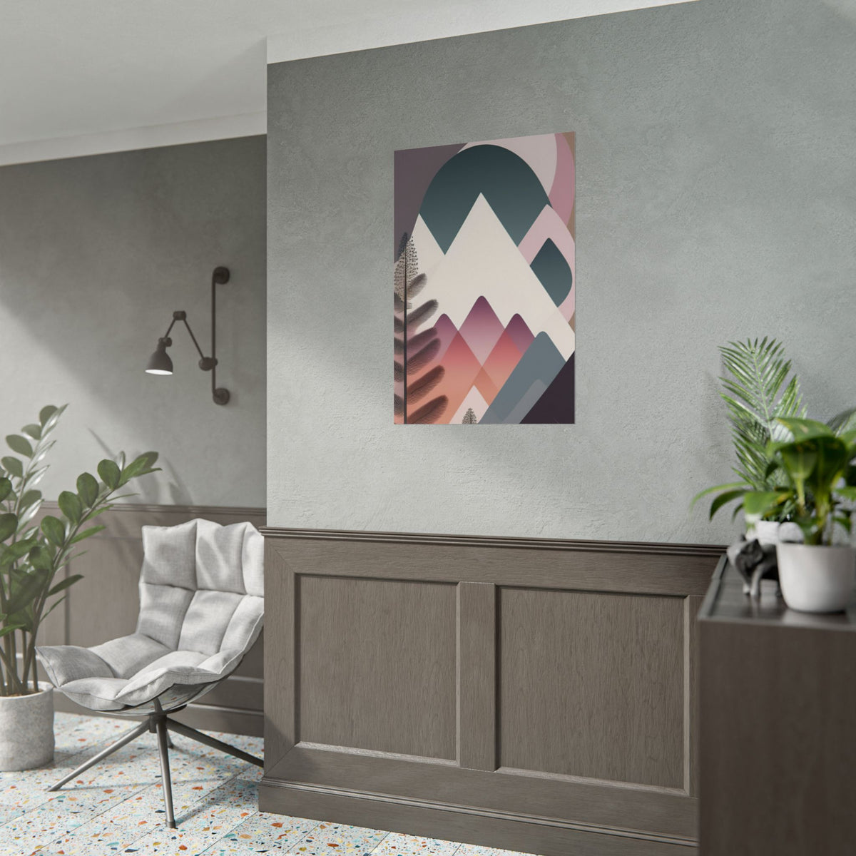 Abstract Mountain Art Print Poster — Pink & Teal Geometric Landscape Rolled Poster