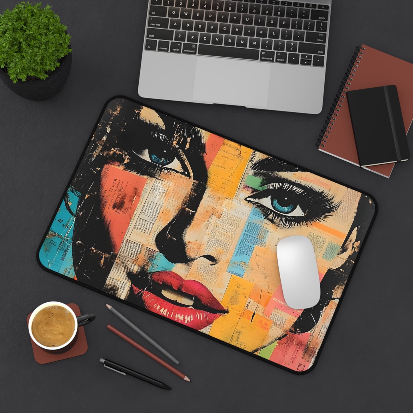 Retro Pop Art Face Desk Mat — Colorful Collage Mouse Pad 9