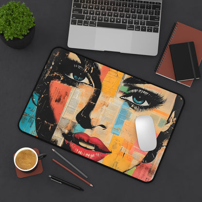 Retro Pop Art Face Desk Mat — Colorful Collage Mouse Pad 9
