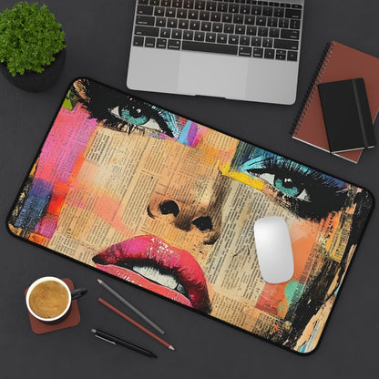 Colorful Pop Art Face Desk Mat — Vibrant Magazine Collage Mouse Pad 8