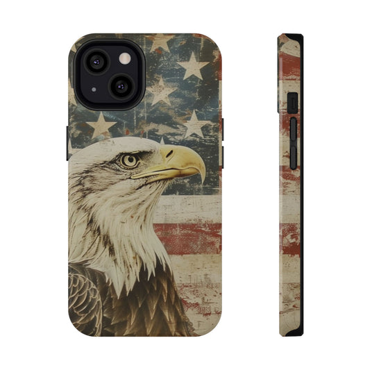 A phone case with a printed design featuring an eagle in front of an American flag with a distressed background.
