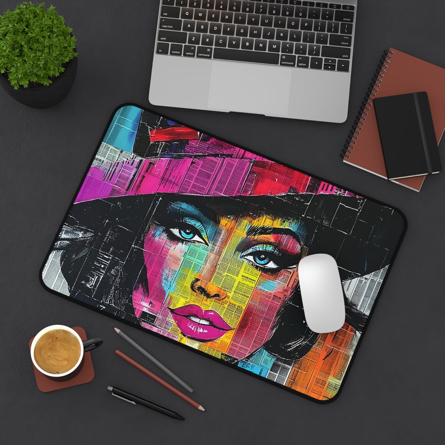 Colorful Pop Art Woman Desk Mat — Vibrant Femme Face Mousepad 10