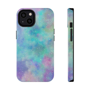 A phone case with a vibrant cosmic galaxy print, featuring shades of pink, blue, and purple.