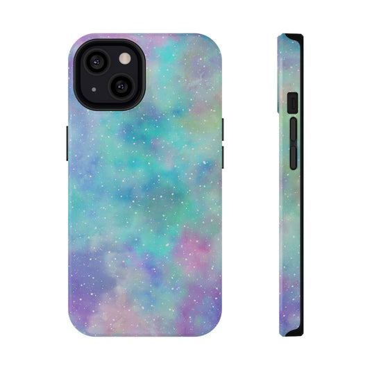 A phone case with a vibrant cosmic galaxy print, featuring shades of pink, blue, and purple.
