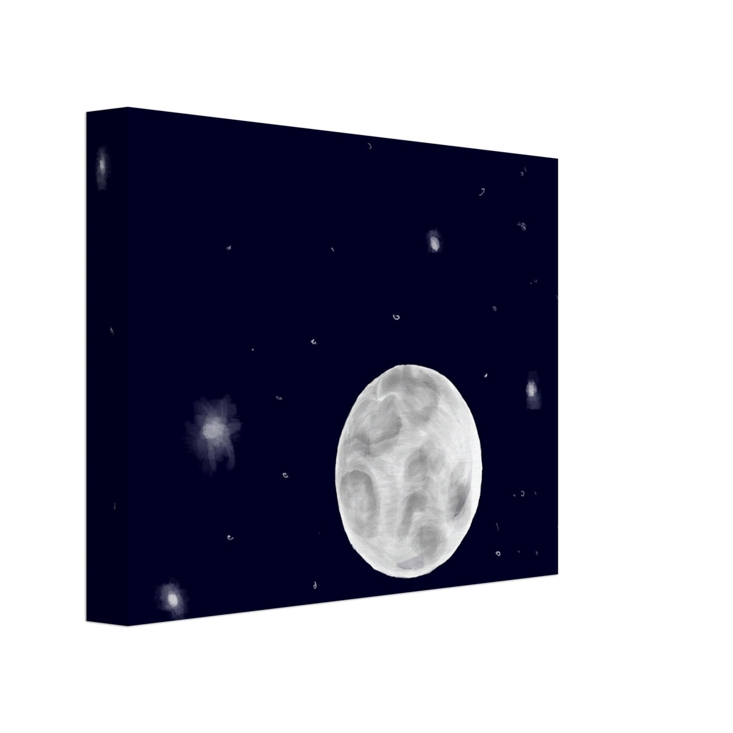 A canvas print of a night sky with a bright full moon and stars.
